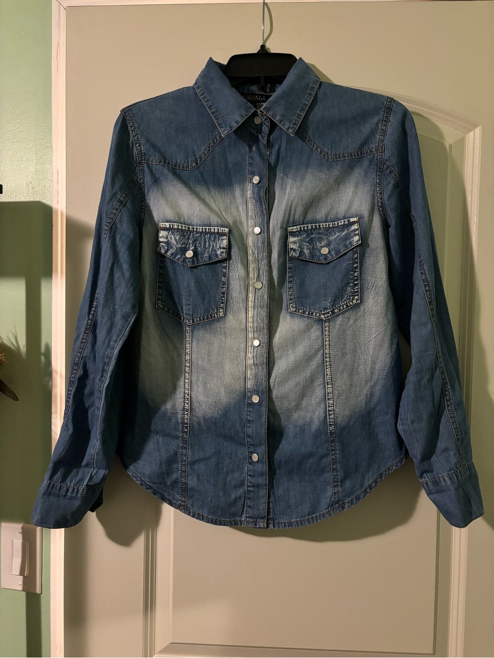 Lucky and Blessed Two-Tine Panel Denim Western Pearl Snap Shirt-Medium Wash